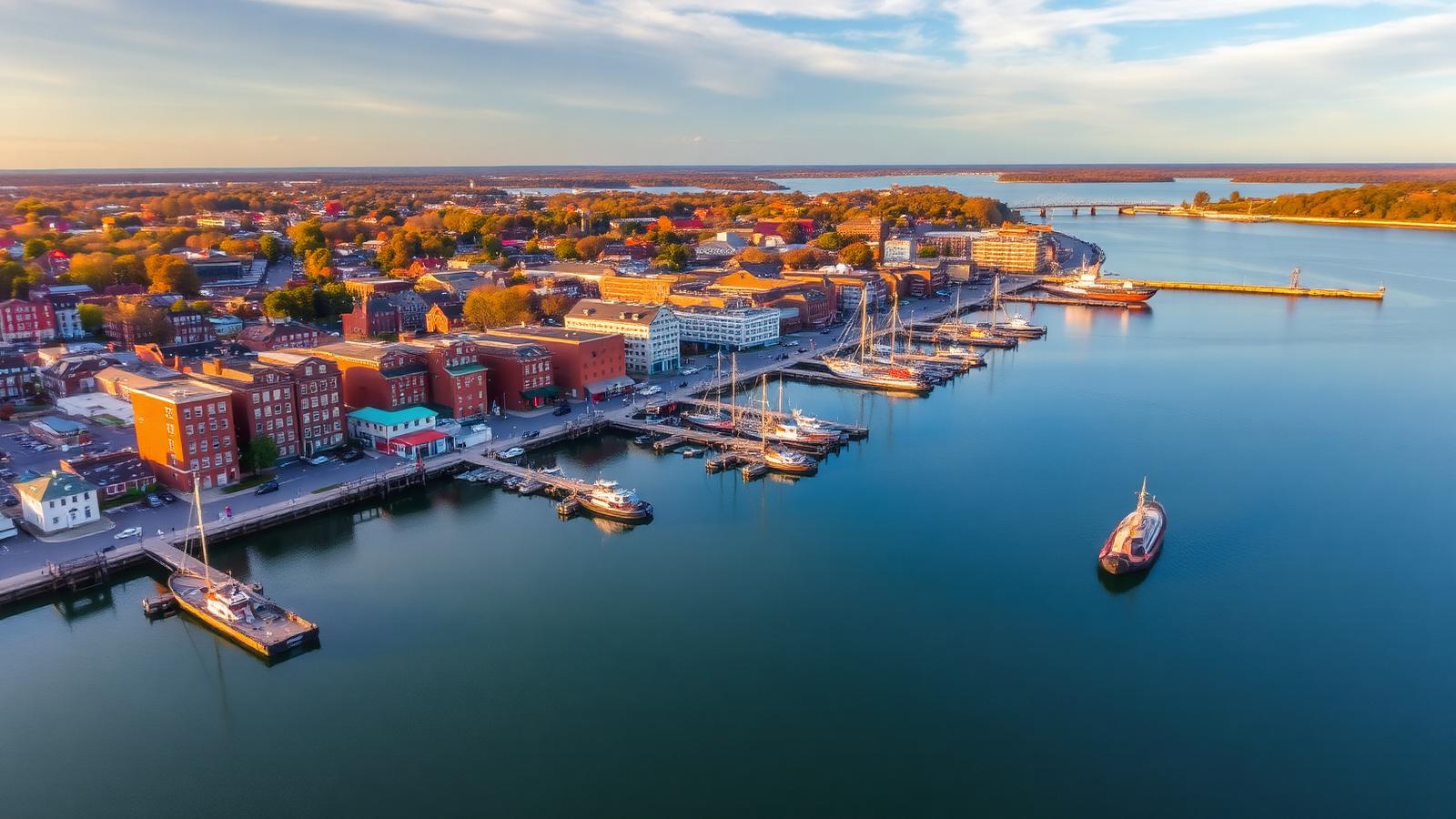Aerial view of Portsmouth NH harbor and historic Seacoast downtown at golden hour