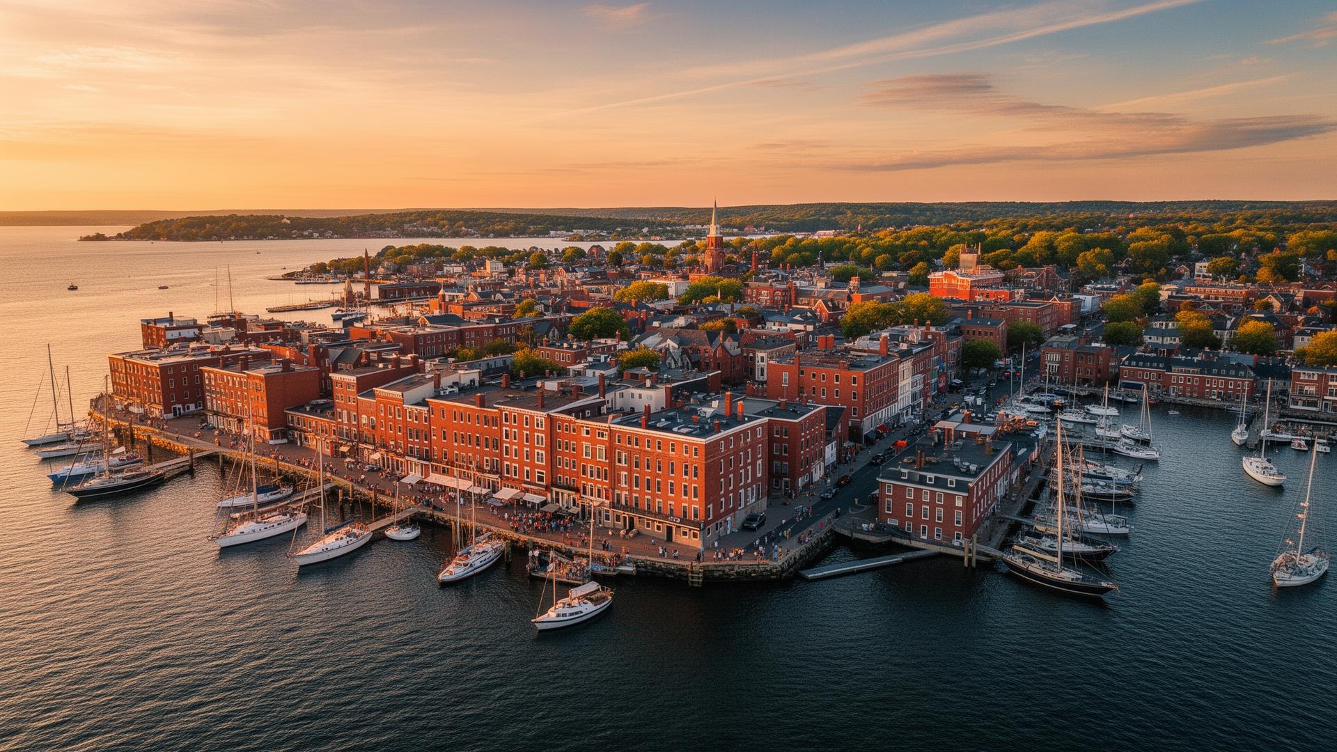 Aerial view of Portsmouth New Hampshire harbor at golden hour