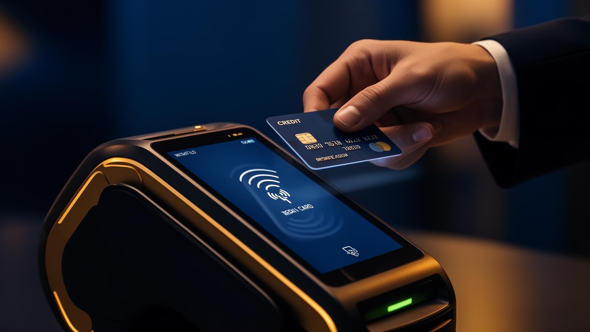 Customer tapping a credit card on a modern contactless payment terminal